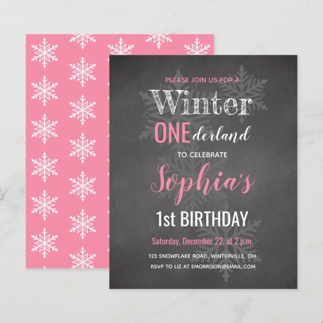 Budget Pink Winter Onederland 1. Geburtstag Einlad (Vorne/Hinten)