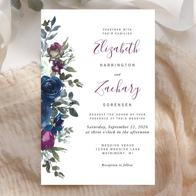 Budget Plum Floral Navy Blue Wedding Einladung (Von Creator hochgeladen)