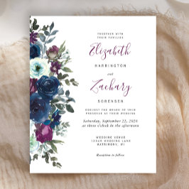 Budget Plum Floral Navy Blue Wedding Einladung