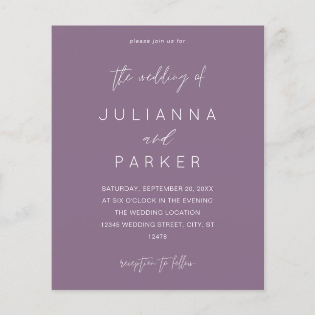 Budget Plum Lila MOD-Kalligrafie Hochzeit Flyer (Vorne)