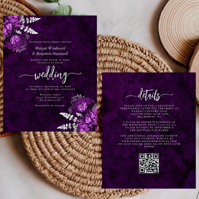 Budget Plum Silver Floral QR Code Wedding Invite (Von Creator hochgeladen)
