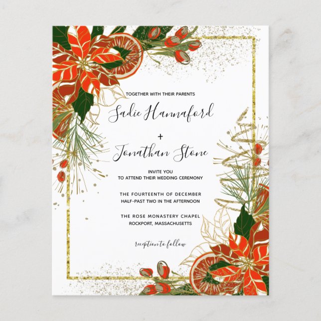 Budget Poinsettia Citrus Gold Wedding Einladung (Vorderseite)