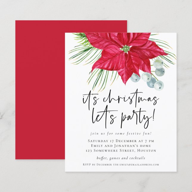 Budget Poinsettia Weihnachten Lasse Party Einladun (Vorne/Hinten)