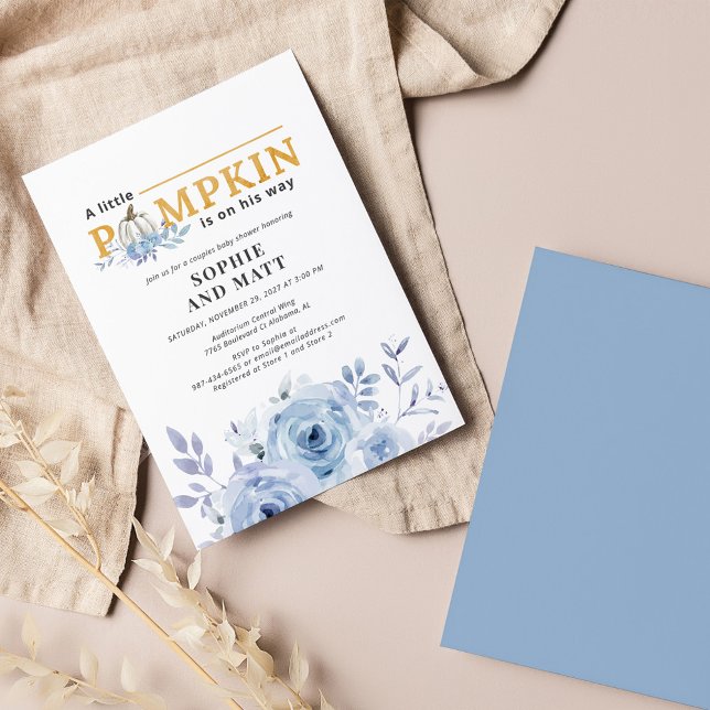 Budget Pumpkin Blue Lilac Boys Baby Dusche Mitteilungskarte (Little Pumpkin Boy Baby Shower Invitation Front and Back View)