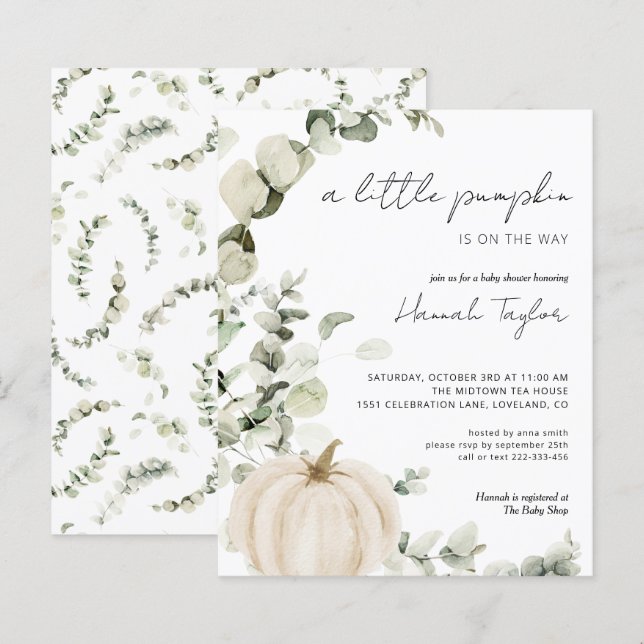 Budget Pumpkin Eucalyptus Baby Dusche Einladung (Vorne/Hinten)