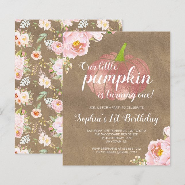 Budget Pumpkin Floral Girl 1. Geburtstag Einladung (Vorne/Hinten)