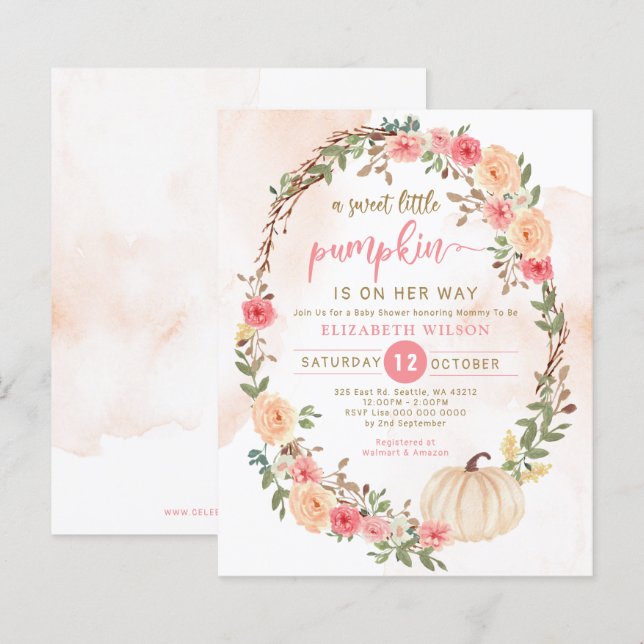 Budget Pumpkin Pink Girl Babydusche Einladung (Vorne/Hinten)