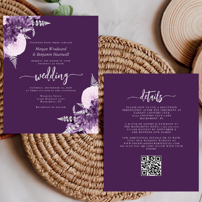 Budget Purple Lilac Silver Floral QR Code Wedding (Von Creator hochgeladen)