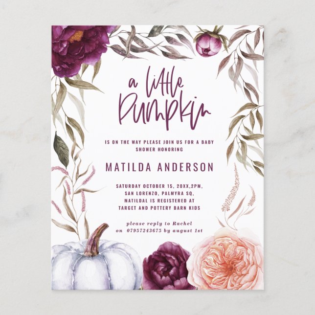 budget Purple peach pumpkin fall baby shower Flyer (Vorne)