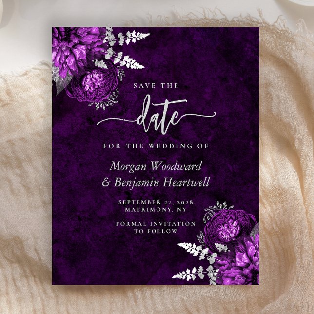 Budget Purple Silver Floral Wedding Save the Date (Von Creator hochgeladen)