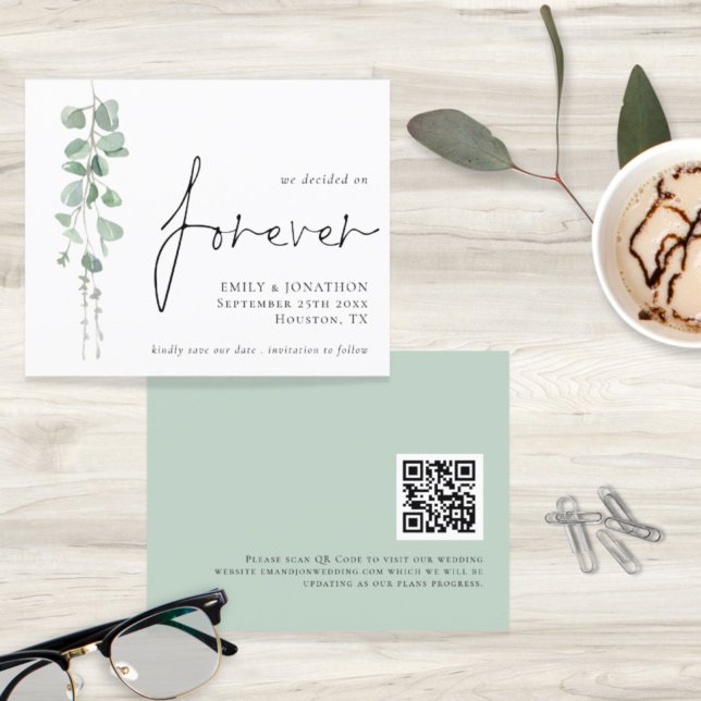 Budget QR Code Eukalyptus Forever Save the Date (Front and back view)