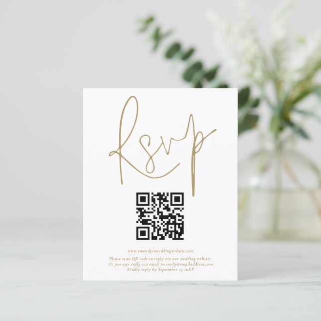 Budget QR Code Gold Script Wedding RSVP (Stehend Vorderseite)