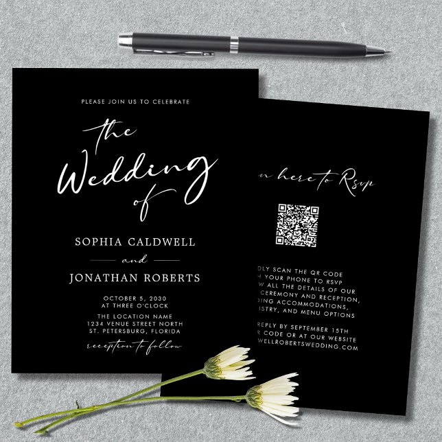 Budget QR Code Kalligrafie Schwarz-Weiß-Hochzeit Flyer (Budget QR Code Modern Calligraphy Black and White Wedding Invitation Flyer)