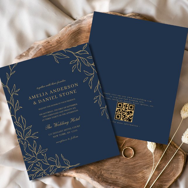 Budget QR Code Navy Blue Gold Hochzeit Einladung (Von Creator hochgeladen)