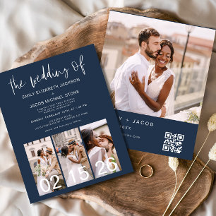 Budget QR Code Navy Blue Wedding Einladung