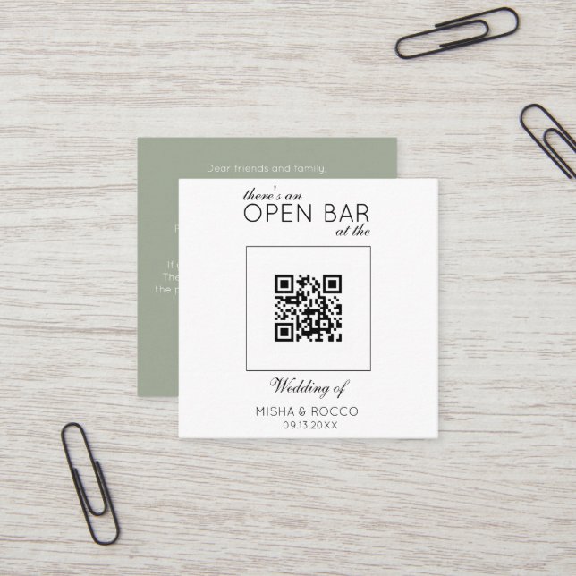 Budget QR Code Offene Bar Minimalistisch Sage Wedd Quadratische Visitenkarte (Vorderseite/Rückseite Beispiel)