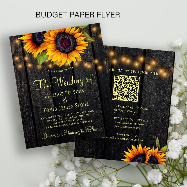 Budget QR-Code rustikale Sonnenblumen-Hochzeitsein Flyer (Von Creator hochgeladen)