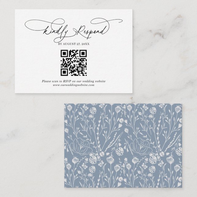 Budget QR Code Skript Floral Dusty Blue Wedding Begleitkarte (Vorne/Hinten)