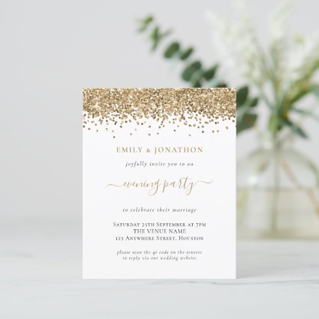 Budget QR Gold Glitzer Abend Hochzeit Einladung (Stehend Vorderseite)