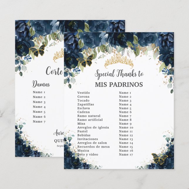 Budget Quinceañera 15 Navy Floral Padrinos Corte (Vorne/Hinten)