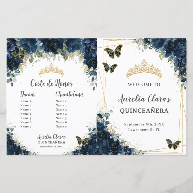 Budget Quinceañera 15 Navy Floral Padrinos Program (Vorderseite)