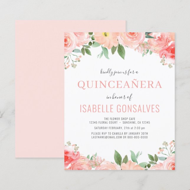 Budget QUINCEAÑERA Birthday Coral Peach Einladung (Vorne/Hinten)