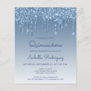 Budget Quinceañera Blauer Glitzer Tropfen Einladun