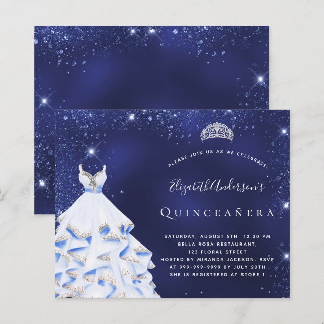 Budget Quinceanera Blue silber tiara Einladung (Vorne/Hinten)