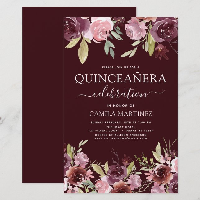 Budget Quinceanera Burgundy Pink Blumenladen (Vorne/Hinten)