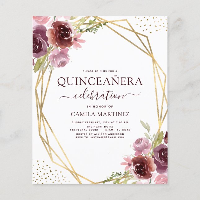 Budget Quinceanera Burgundy Pink Geometric Floral Flyer (Vorne)