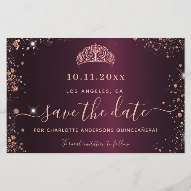 Budget Quinceanera burgundy Rose Gold rett Datum (Vorderseite)