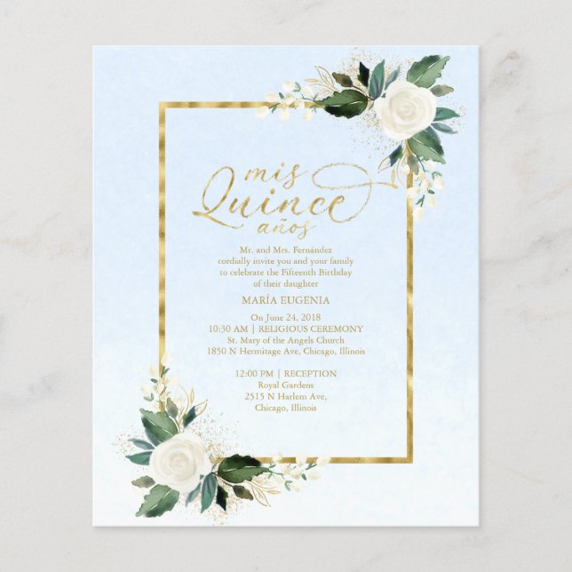 Budget Quinceanera Einladung Bilingual Blue Gold (Vorderseite)