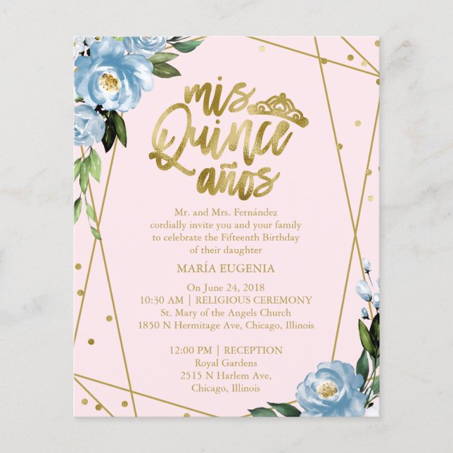 Budget Quinceanera Einladung Bilingual Pink Blue (Vorderseite)