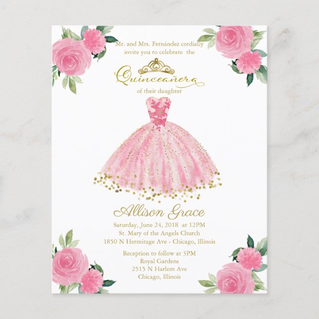 Budget Quinceanera Einladung Bilingual Pink Gown (Vorderseite)