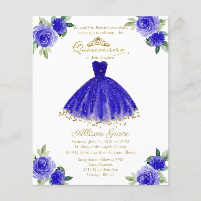 Budget Quinceanera Einladung Bilingual Royal Blue (Vorderseite)