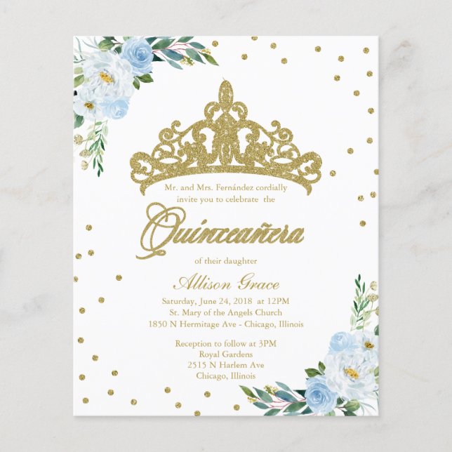 Budget Quinceanera Einladung Bilingual Tiara Blue (Vorderseite)