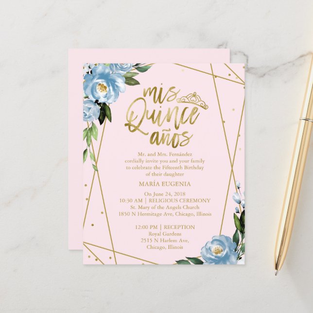Budget Quinceanera Einladung Gold Foil Rosa Blau (Vorderseite/Rückseite Beispiel)