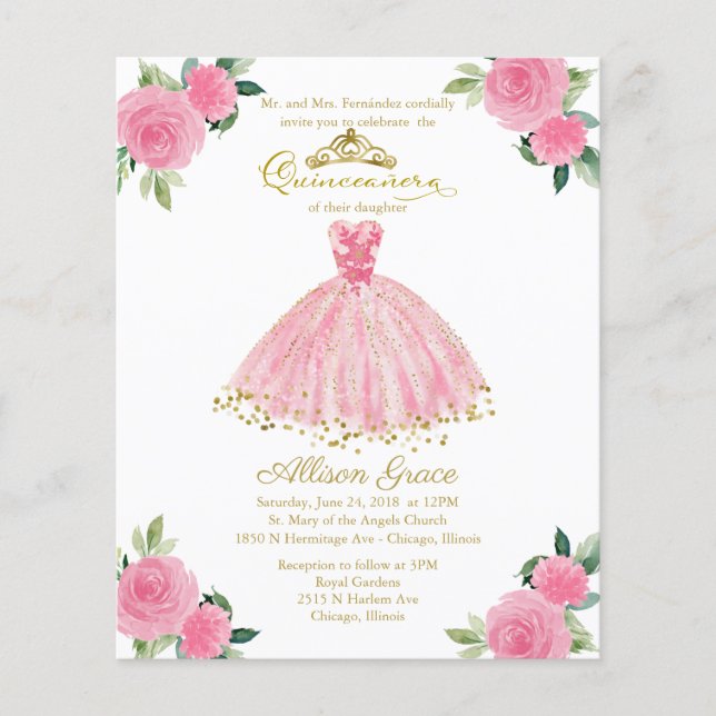 Budget Quinceanera Einladung Gold Hot Pink Gown (Vorderseite)