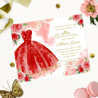 Budget Quinceanera Einladung Gold Red Gown