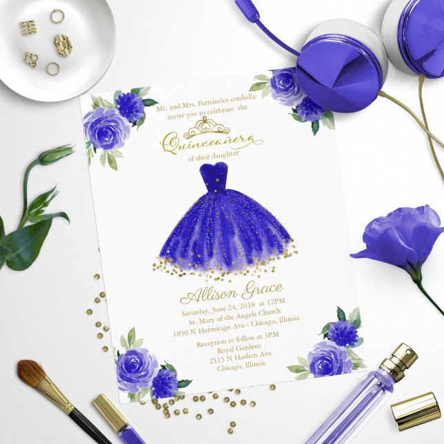 Budget Quinceanera Einladung Gold Royal Blue Gown (Von Creator hochgeladen)