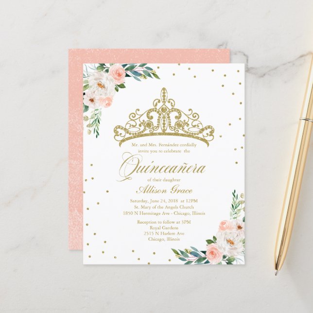 Budget Quinceanera Einladung Gold Tiara (Vorderseite/Rückseite Beispiel)