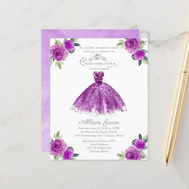 Budget Quinceanera Einladung Lila Gown (Vorderseite/Rückseite Beispiel)
