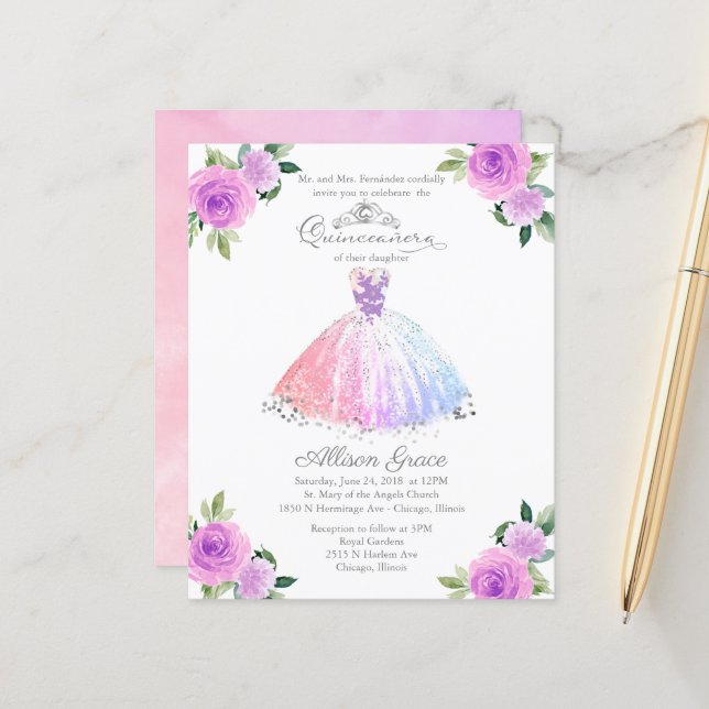 Budget Quinceanera Einladung Pastellfarben Gown (Vorderseite/Rückseite Beispiel)