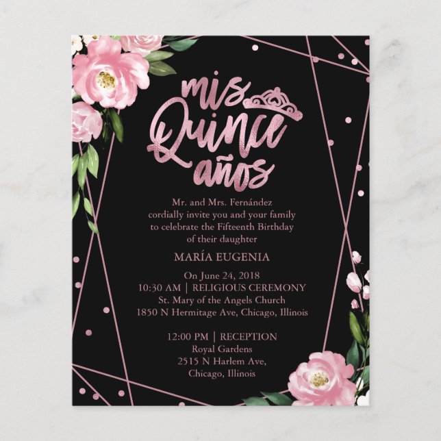 Budget Quinceanera Einladung Rose Gold Pink Schwar (Vorderseite)