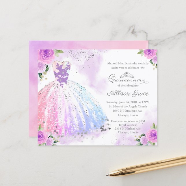 Budget Quinceanera Einladung Silberfarbiges Gown (Vorderseite/Rückseite Beispiel)