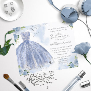 Budget-Quinceanera-Einladung Silbernes Blaues Klei