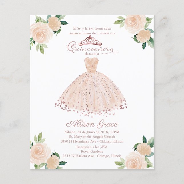 Budget Quinceanera Einladung Spanisch Blush Gown (Vorderseite)
