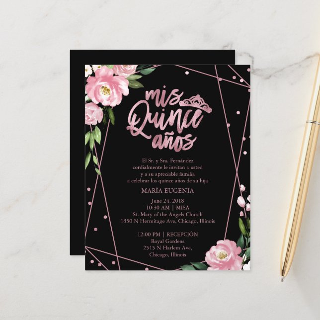 Budget Quinceanera Einladung Spanisch Pink Black (Vorderseite/Rückseite Beispiel)