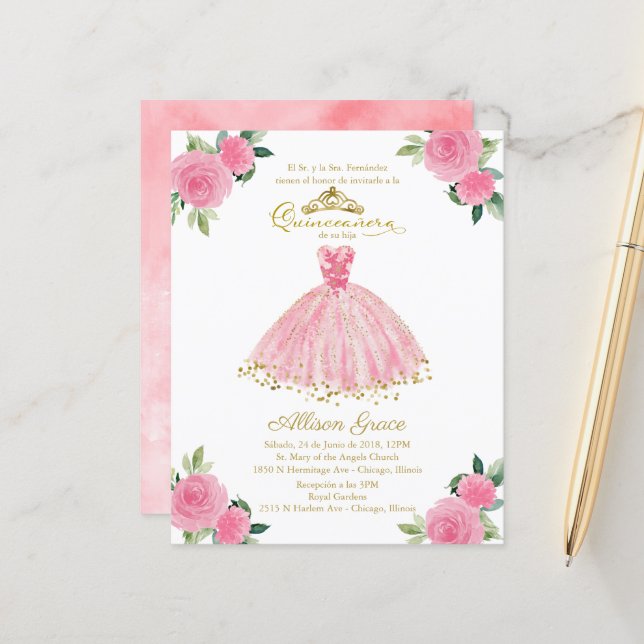 Budget Quinceanera Einladung Spanisch Pink Gown (Vorderseite/Rückseite Beispiel)