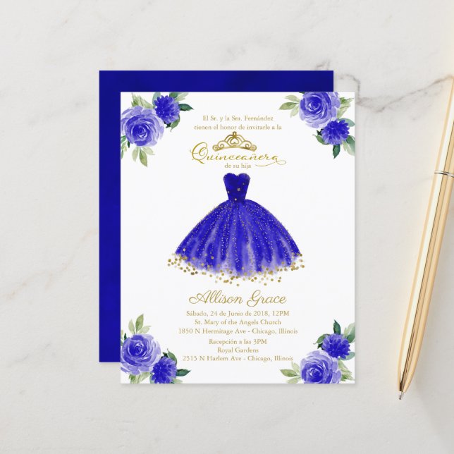 Budget Quinceanera Einladung Spanisch Royal Blue (Vorderseite/Rückseite Beispiel)